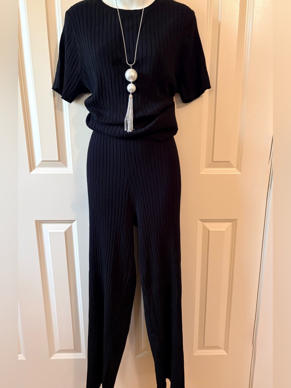 2pc knit Black Ribbed Wide-Leg Jumpsuit, size XL, very posh in person. - Picture 4 of 10